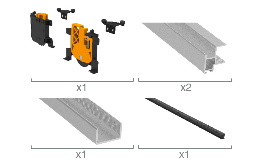 BOXED KIT 1 PANEL: 1 x Fitting set I 2 x Handle Minimalista track l 1 x horizontal track U l 1x Brush